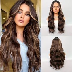 Lovely Ash Blonde Highlights Brown Loose Wave Partial Lace Front Wig