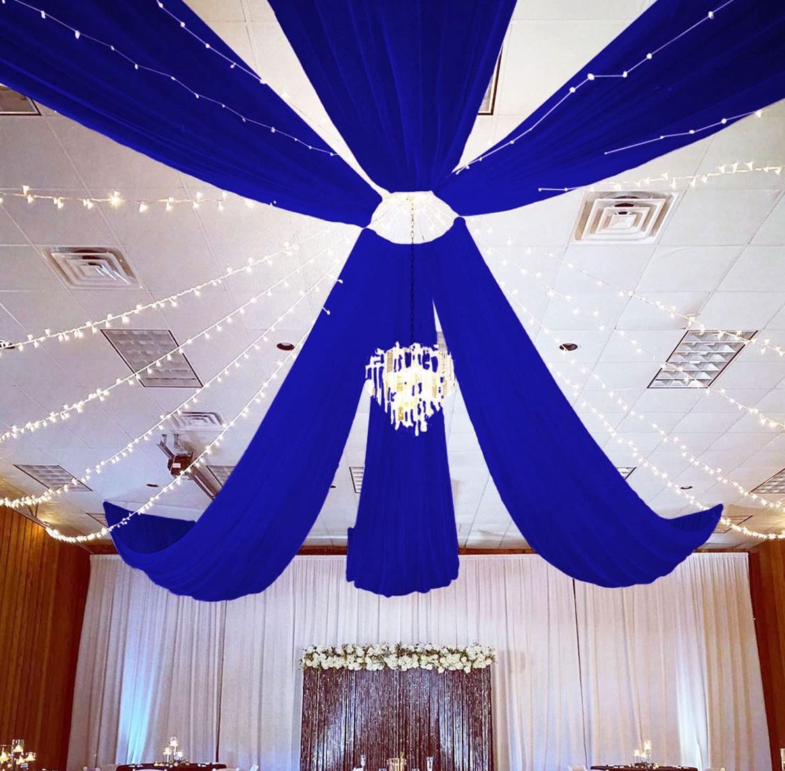 FUHSY Royal Blue Ceiling Drapes for Wedding Arch Draping Fabric Chiffon Wedding Drapery 4 Panels 5x20FT Sheer Curtains Drapes Tulle Backdrop for Recep