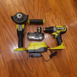 Ryobi 18V 'HP' Grinder, 'HP' Hammer Drill, Battery, Charger