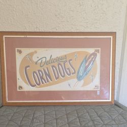 Vintage Framed Metal Corndog Advertising Sign 32" x 21" Good Condition.
