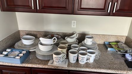 Plates and porcelain coffee set, tables, chairs, desks, cabinets