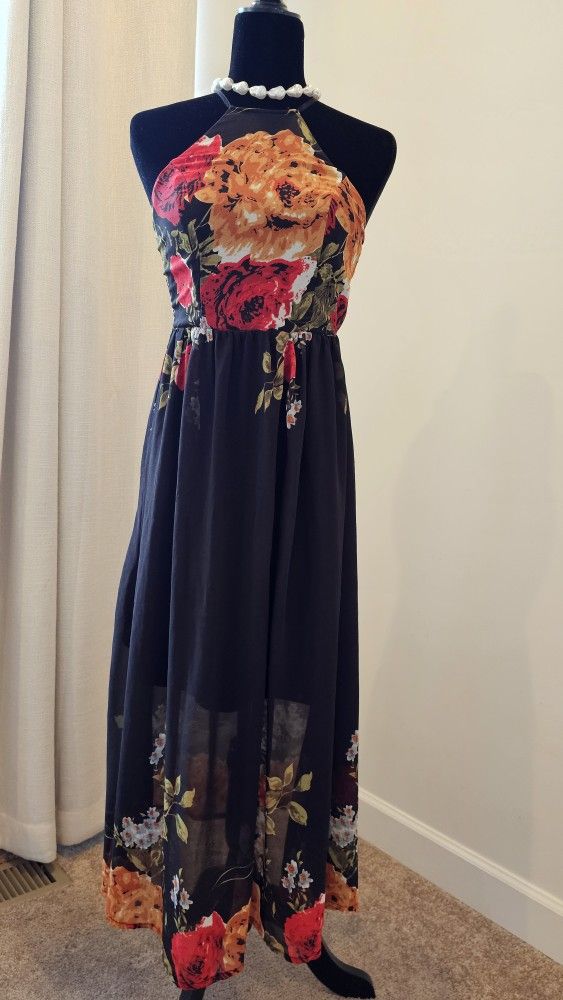 Floral halter maxi dress – black with red & orange roses – size XS P