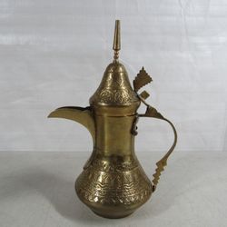 Traditional Middle Eastern Solid Brass Etched Dallah Coffee Pot 10"

