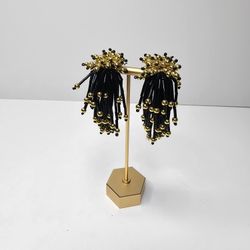 Vintage Earrings Clip On Black Sequined Fringe Tassel Gold Tone