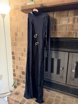 AKIRA Black Maxi Dress Gold Buckle Accents Mock Neck Long Sleeve NWT S/M