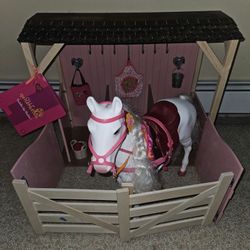 Our Generation Horse Barn Playset for 18” Dolls – Saddle Up Stables – Pink & Camarillo Hairplay Horse