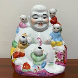 Vintage Asian Buddha Statue Figurine Family Fertility Wealth Happiness Good Luck Children Babies Gold Trim