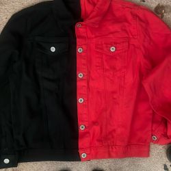 red and black denim jacket 