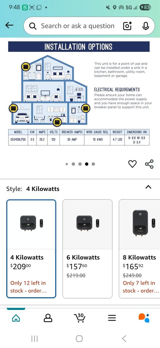 GE Tankless 3.5kw 120v Water Heater