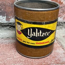Vintage Yahtzee Dice Shaker Cup Leather Print Tin Can 1950s/1960s
