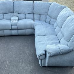 Light Blue Sectional Reclining Couch Set With Pull Out Bed 