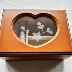Small Oak-Finish Wood Jewelry Box with Heart-shaped Glass Cut-Out, New in Box / Never Used