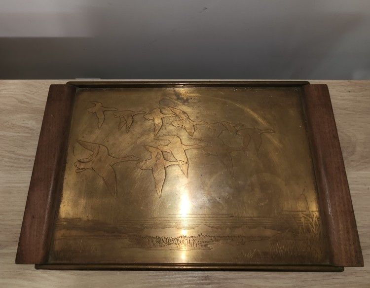 Rare Vintage Etched Brass Serving Tray with Teak Handles
