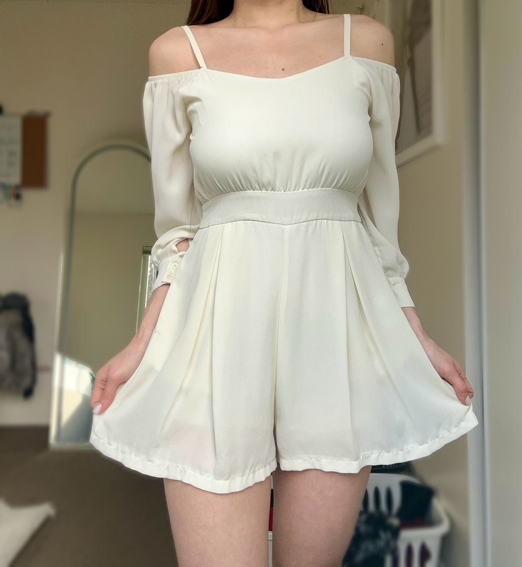 White Off Shoulder 3/4 Sleeves Romper (Size S) - LOCAL MEETUP ONLY