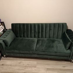 🔥 MODERN EMERALD GREEN VELVET SOFA BED – CONVERTIBLE COUCH 🔥