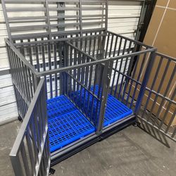 Heavy Duty Dog Crate With Divider and Blue Floor Grid, 43” Dog Kennel Dog Cage Dog House