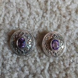 Vintage Sterling Silver And Purple Topaz Ornate Earrings 