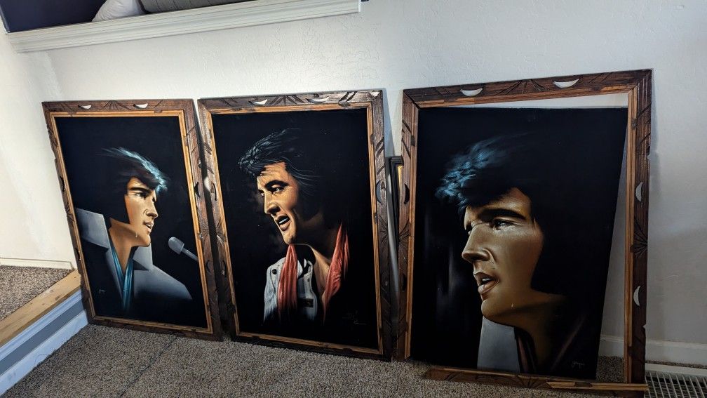 Elvis, Black Velvet Paintings, Vintage, Wood Frame, 28" wide X 40" long, All 3 Paintings