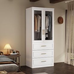 Airmoire Wardrobe 2 Glass Doors, 3 Drawers, White