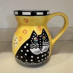 Vintage Ceramic Pitcher Laurel Burch Design Studio Inc 1998 yellow/black & white spotted cats. 