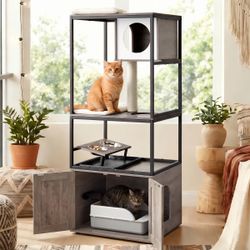58" Cat Condo with Litter Box Enclosure and Elevated Bowls