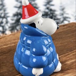 Peanuts Snoopy Blue Puffer Jacket Christmas Cookie Large Ceramic Jar 