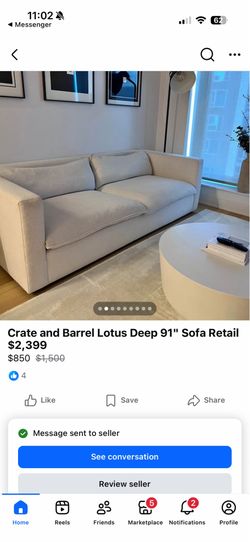 $850 Ceate and Barrel Lotus sofa 91”