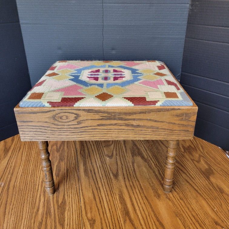 Vintage Handmade Crewel Embroidered Wooden Foot Rest With Hidden Storage