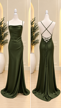 Olive Green Satin Cowl Neck Lace-Up Maxi Dress
