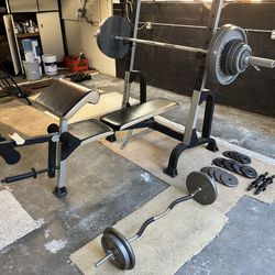 Weights-bench, Olympic bar, EZ curl bar, dumbbells and weights
