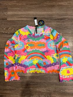 Dangerfield Multicolor Rainbow Floral Mesh Sheer Ruffle Cropped Top Size 14