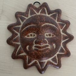 Vintage Wall Hanging Terracotta Sun Face Brown 