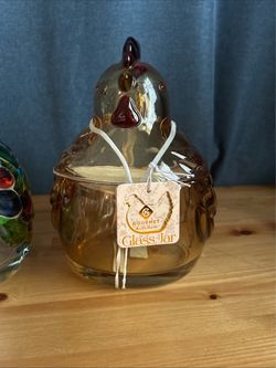 Cookie Jar in Amber Glass and Clear multi color Chicken shape