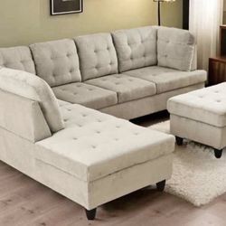 COSTCO Beige TOPE chenille Sectional Couch And Ottoman 