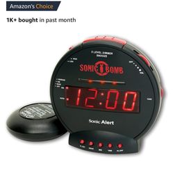 Sonic Bomb Dual Extra Loud Alarm Clock with Bed Shaker, Black | Sonic Alert Vibrating, Heavy Sleepers, Battery Backup | Wake with a Shake