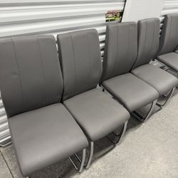 Set of 6 Modern Gray Faux-Leather Cantilever Dining Chairs – Chrome Base