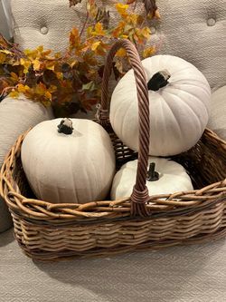 Large wicker basket with 3 white pumpkins