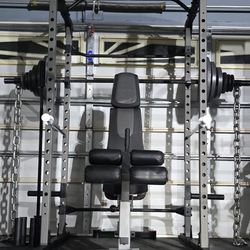 《FREE LOCAL DELIVERY》SQUAT RACK + BENCH + OLYMPIC PLATES + ROGUE BARBELL + 58" BARBELL + BAR STORAGE 