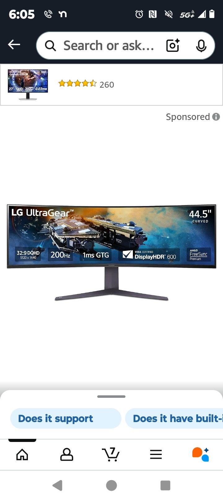LG 45GR65DC-B Ultragear Curved Gaming Monitor 45-Inch 32:9 QHD 200Hz 1ms UltraWide Display AMD FreeSync Premium Pro VESA DisplayHDR 600 HDMI 2.1 x2 DP