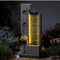 37’’ Tall Waterfall Fountain Indoor Modern Outdoor Water Fountains with LED Light,Vertical Striped Texture Floor Standing Water Feature for Patio, Yar