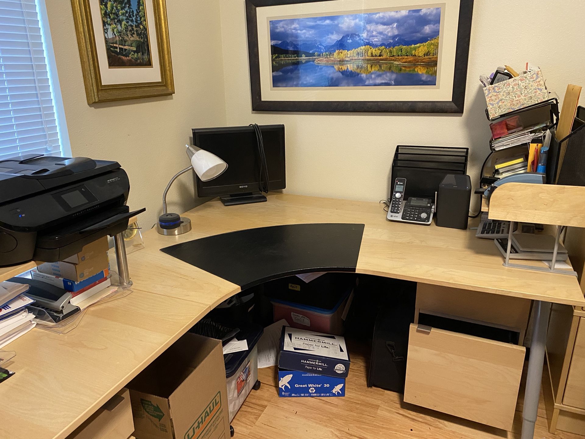 Blonde corner desk, 2 file cabinets, 2 elevated shelves And more