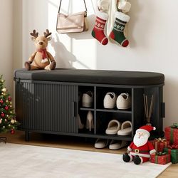 43" Shoe Bench with Storage, Fluted Shoe Storage Bench with Cushion, Sliding Door and Adjustable Shelf, for Entryway, Hallway, Living Room (