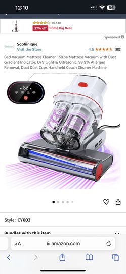Bed,Sofa Vacuum Mattress Cleaner 15Kpa Vacuum with Dust Gradient Indicator, U/V Light & Ultrasonic, 99.9% Allergen Removal, Dual Dust Cups Handhel
