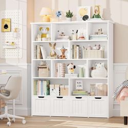 57.5”H Large Toy Storage Organizer, Tall Kids Bookshelf with 4 Movable Drawers and 10 Storage Cubbies, Toy Organizers and Storage Kids Storage Organiz
