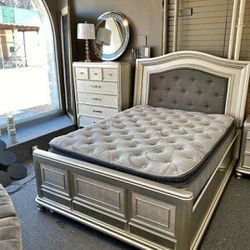 Silver grey metallic queen bedroom set - nightstand - chest