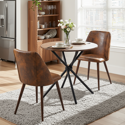 Homy Casa FONTANA+KALI 3PC Dining Set 31.5” Round Table with 2 Kali Suede Brown Chairs in Dark Walnut Finish