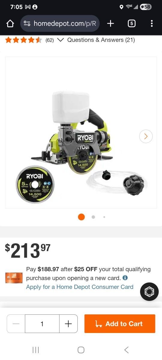 $115!!! RYOBI One+ HP 18v Brushless 5" Handheld Tile/Masonry Saw