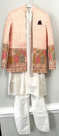 Embellished Peach boys Indian Traditional 3-piece Jacket with Intricate Border Embroidery