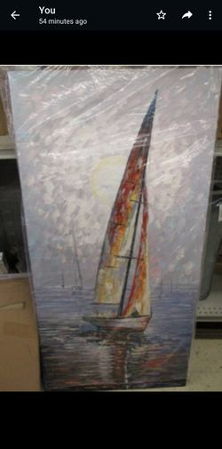 V-inspire Art,24X48 Inch Modern Abstract Hand Painted Oil Paintings Sailing Boat On The Sea Acrylic Canvas Hanging Painting