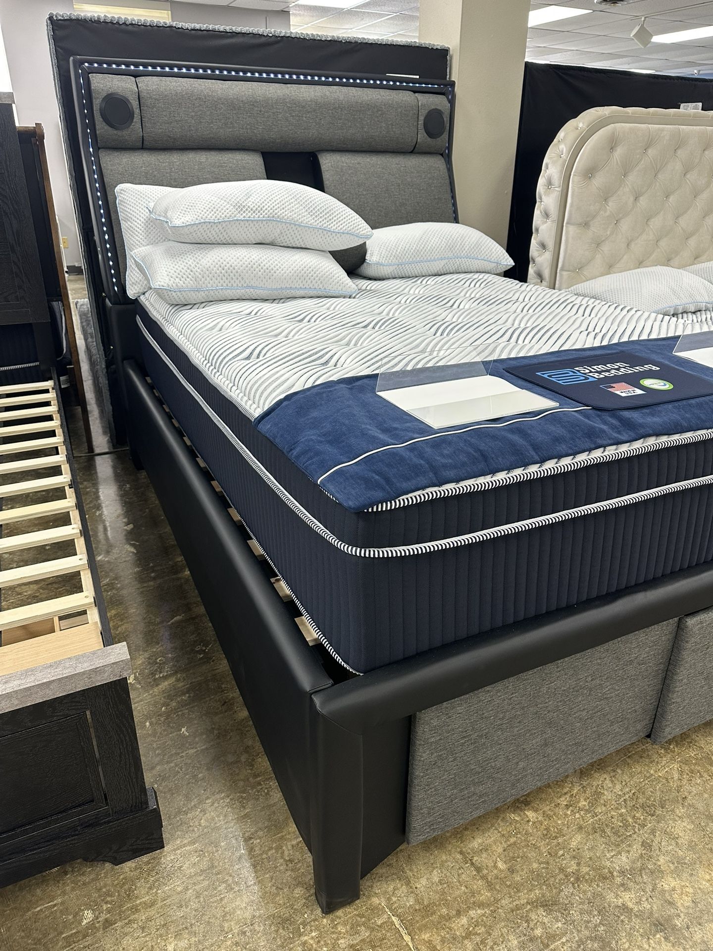 NEW QUEEN AND KING SIZE LUXURY BED WITH BLUETOOTH SPEAKERS LED LIGHTS INCLUDING PROMOTIONAL MATTRESS AND FREE DELIVERY SPECIAL FINANCING AVAILABLE